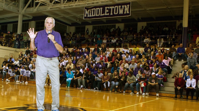 Middletown Middie great Jerry Lucas speaks to the crowd before the game, Friday, February 15, 2013, at the newly named Jerry Lucas Court, in Middletown. CONTRIBUTED/ROB LEIFHEIT