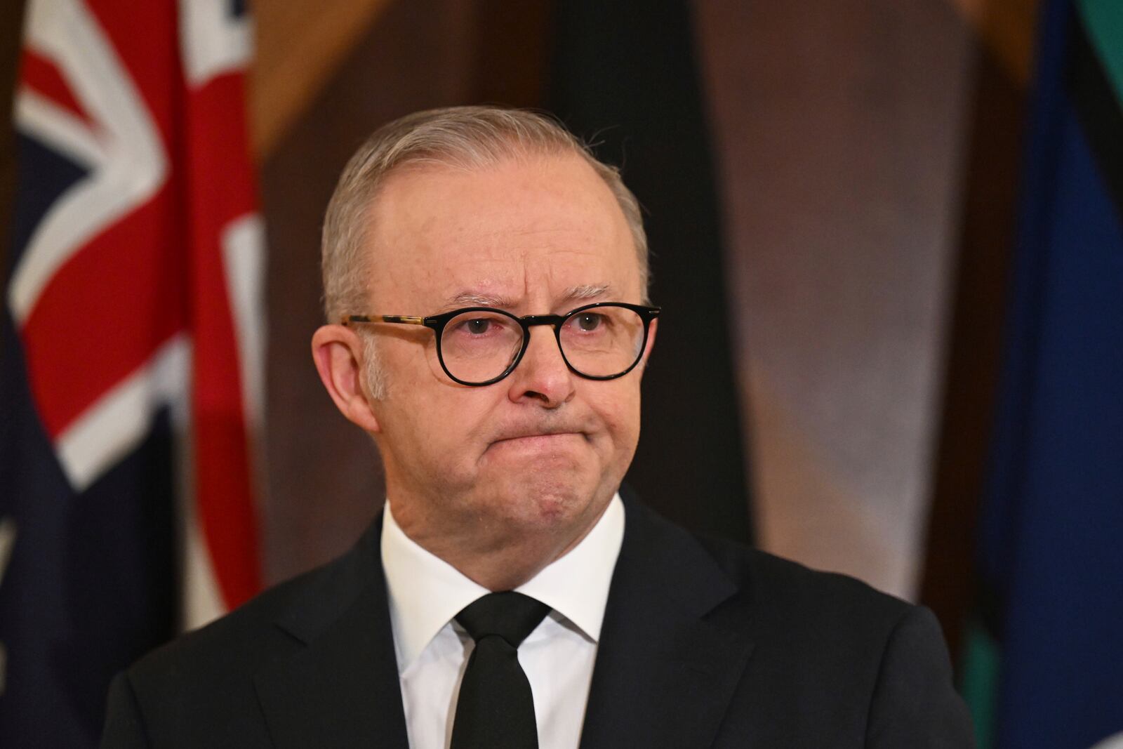 Australian Prime Minister Anthony Albanese speaks to the media following the death of Pope Francis in Melbourne, Australia, Monday, April 21, 2025. (Lukas Coch/AAP Image via AP)