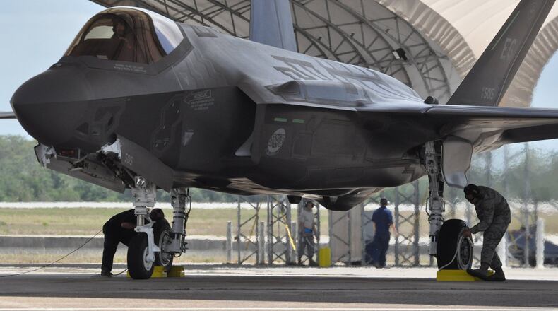 U.S. Air Force F-35A Lightning II Joint Strike Fighters from the 58th Fighter Squadron, 33rd Fighter Wing, Eglin AFB, Fla. The 33rd Fighter Wing is a joint graduate flying and maintenance training wing that trains Air Force, Marine, Navy and international partner operators and maintainers of the F-35 Lightning II. (U.S. Air Force photo by SSgt Nicholas Egebrecht/Released)