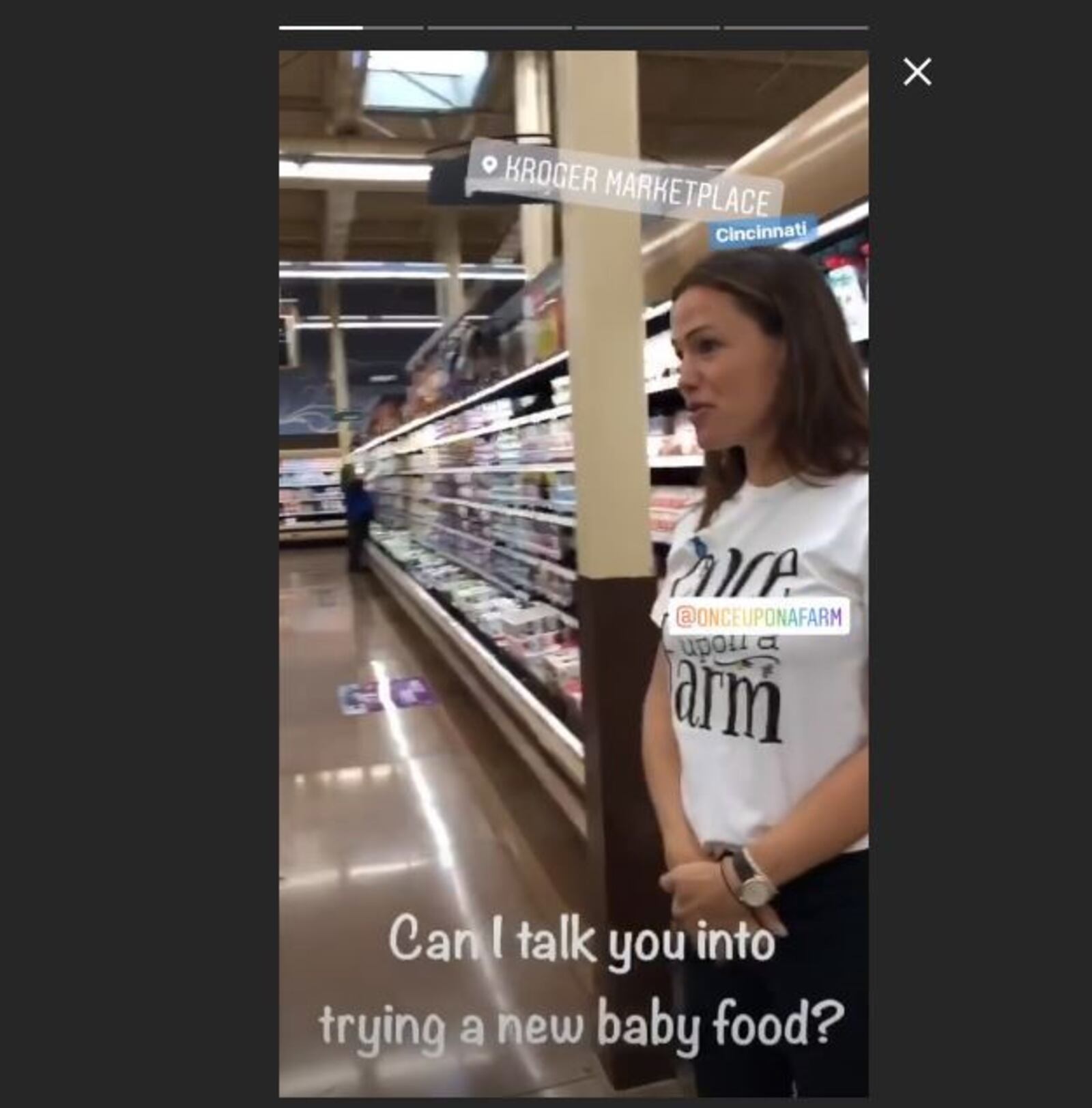 Actress Jennifer Garner posted an Instagram story Aug. 30, 2018 of her attempts to give Once Upon a Farm baby food way at a Kroger Marketplace in the Cincinnati area.