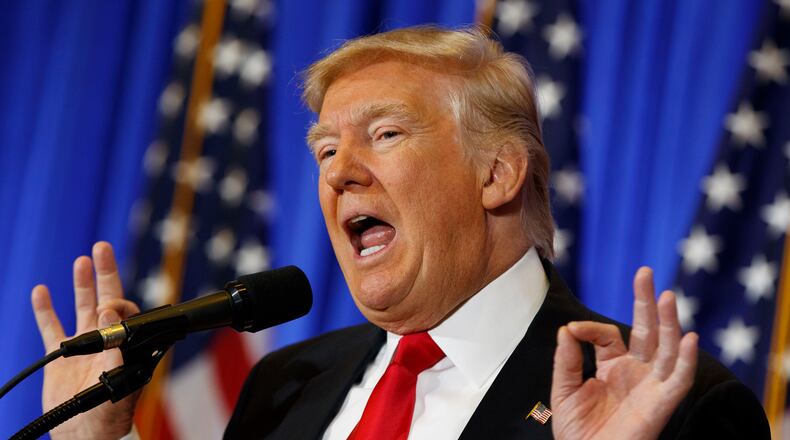 In this Jan. 11, 2017 file photo, President-elect Donald Trump speaks during a news conference in the lobby of Trump Tower in New York. (AP Photo/Evan Vucci)