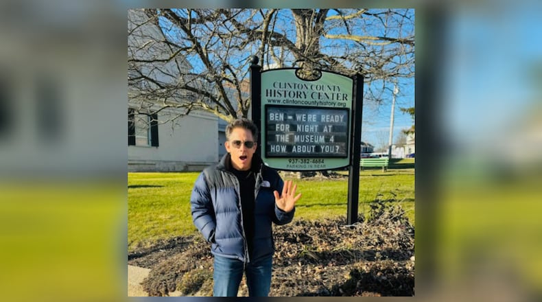 Actor Ben Still is seen last week in Clinton County, Ohio, where he filmed his latest movie. he posted this photo to Instagram with the caption: "Thanks everyone in Wilmington for being so kind and generous. Loved filming here! And  thanks to http://TheMurphyTheater.org! Check it out it’s a beautiful theater with lots of history. And yes http://ClintonCountyhistory.org let’s go for  #4!" BEN STILLER/INSTAGRAM