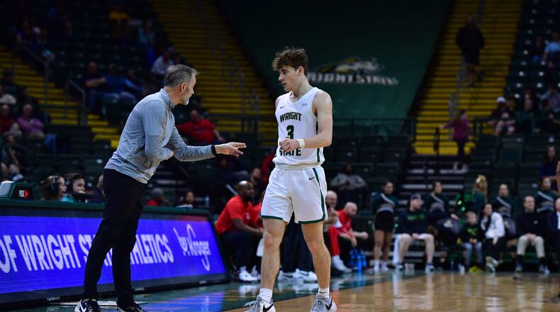 Wright State coach Scott Nagy talks to Alex Huibregtse during a game vs. Detroit Mercy at the Nutter Center on Feb. 8, 2024. Joe Craven/Wright State Athletics