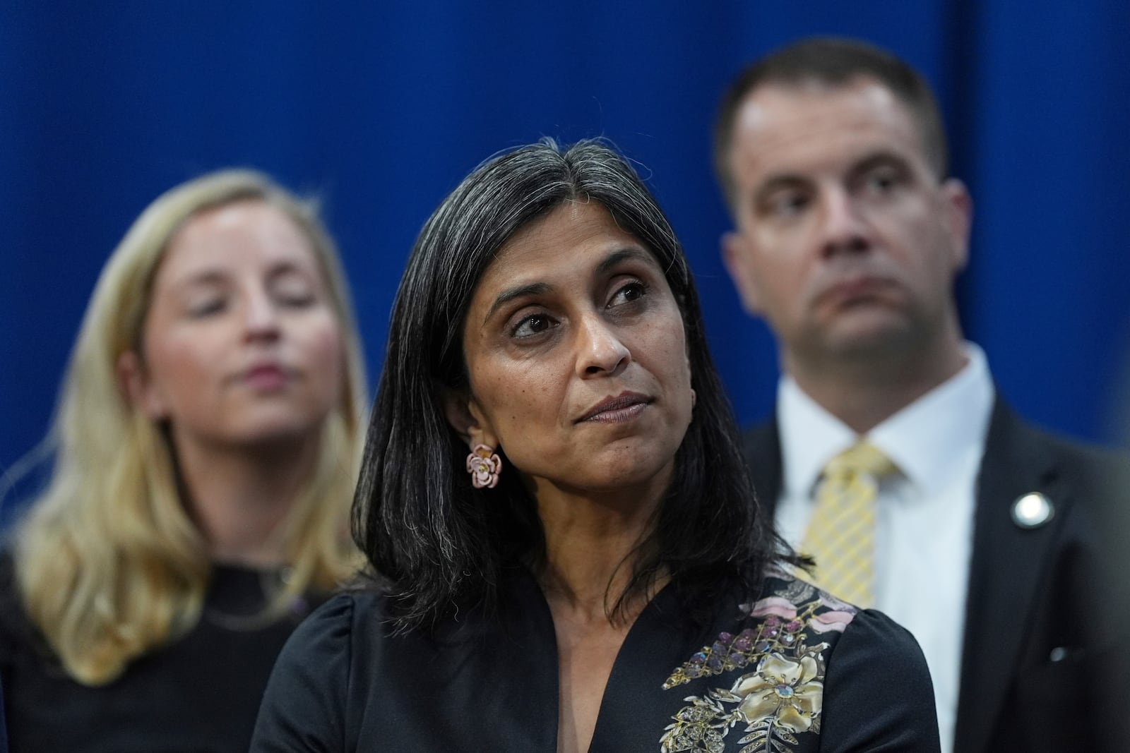 Second lady Usha Vance listens to her husband Vice President JD Vance speak at Don's Machine Shop in West Pittston, Pa., Wednesday, July 16, 2025. (AP Photo/Matt Rourke)