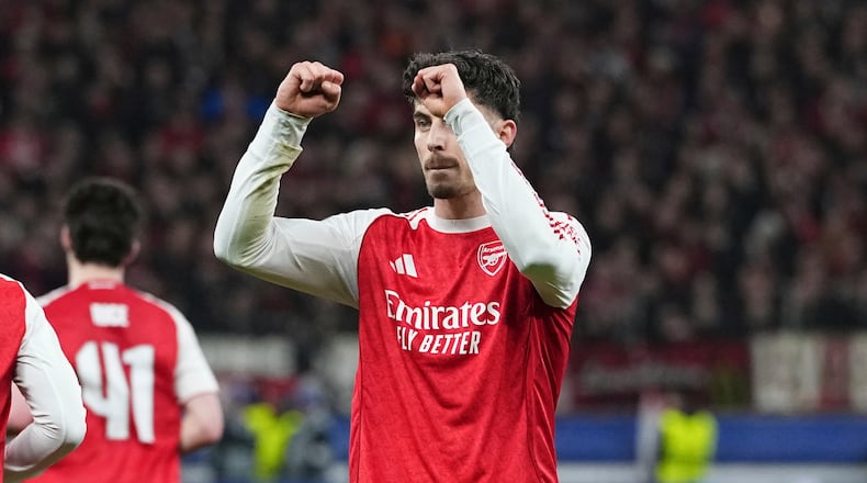 Arsenal's Kai Havertz reacts after scoring a penalty, his side's first goal, during the Champions League round of 16 first leg soccer match between Bayer Leverkusen and Arsenal FC in Leverkusen, Germany, Wednesday, March 11, 2026. (AP Photo/Martin Meissner)