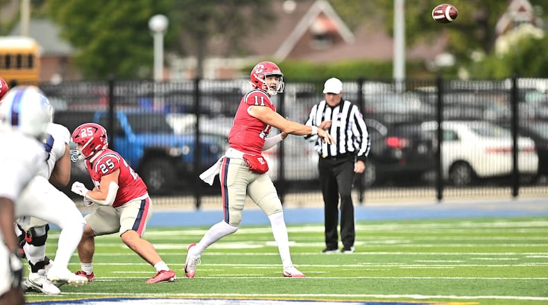In his first start of the season – after starting all the games last year and then giving way to transfer Bryce Schondelmyer who now is likely lost for the season due to injury – Dayton quarterback Drew VanVleet helped lead the Flyers to a 35-19 victory over previously unbeaten and nationally-ranked Presbyterian College at Welcome Stadium Saturday. He completed 10 of 12 passes for 104 yards and a touchdown and also lined up at wide receiver. ERIK SCHELKUN / UNIVERSITY OF DAYTON