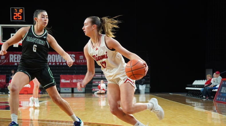 Miami’s Núria Jurjo dribbles into the lane against Eastern Michigan on Wednesday night at Millett Hall. CHRIS VOGT / CONTRIBUTED