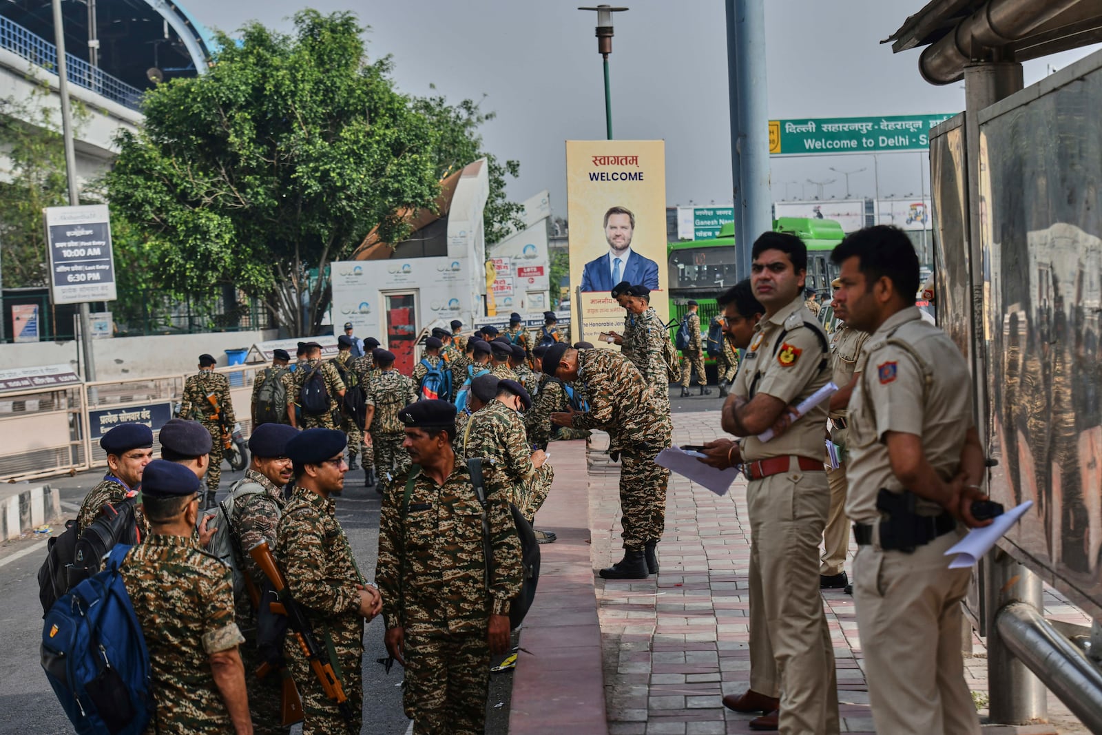 Security personnel wait to be deployed, ahead of U.S. Vice President J.D. Vance’s visit in New Delhi, India, Monday, April 21, 2025. (AP Photo)