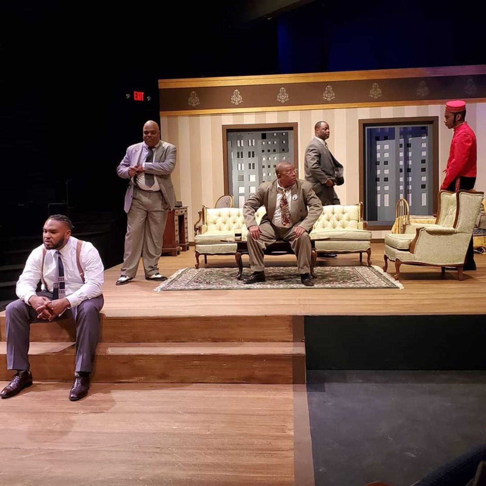 (left to right) Shaun Diggs as Jackie Robinson, Robert-Wayne Waldron as Joe Louis, Franklin Johnson as Bill "Bojangles" Robinson, Edward Hill as Paul Robeson, and Robert Culpepper as Clancy Hope in Dayton Theatre Guild's 2020 local premiere of "Mr. Rickey Calls a Meeting." Photo by Craig Roberts