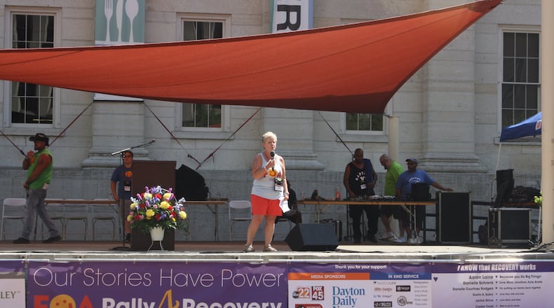 Families of Addicts Founder Lori Erion speaks at the annual Rally 4 Recovery in downtown Dayton. KAITLIN SCHROEDER