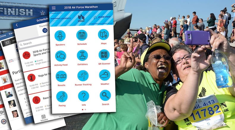 The Air Force Marathon app is free to runners, spectators, volunteers and the general public. It works on Apple and Android devices, including tablets and even laptops. (U.S. Air Force graphic)