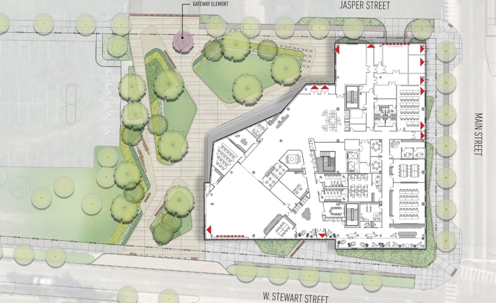 A site plan of part of the first phase of the onMain project to redevelop the old Montgomery County Fairgrounds in southern Dayton. The plan shows a new building and an adjacent plaza and green space. CONTRIBUTED