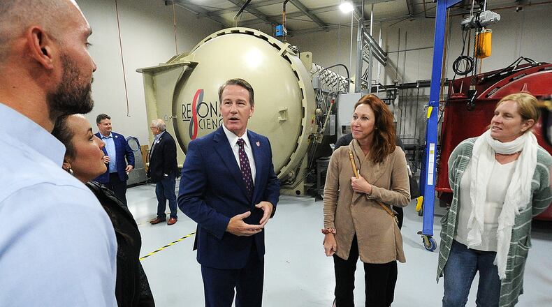 Ohio Lt. Gov. Jon Husted talks with employees Tuesday May 2, 2023 of defense contractor Resonant Sciences about in-demand jobs. The company is located at 4085 Executive Drive, Beavercreek. MARSHALL GORBY\STAFF