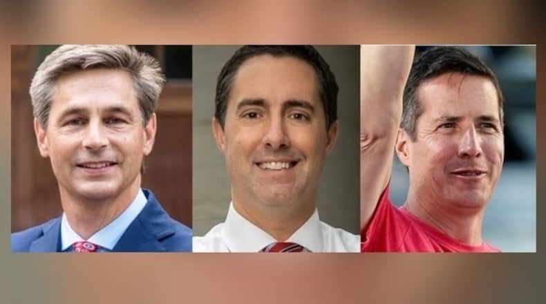 Ohio Republican primary candidates for U.S. Senate, from left, State Sen. Matt Dolan, R-Chagrin Falls; Ohio Secretary of State Frank LaRose and Cuyahoga County businessman Bernie Moreno.