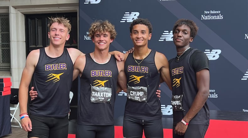 Butler's 4x400 relay team poses for a photo at the New Balance Nationals in Philadelphia on Sunday, June 22, 2025. From left to right are: Jordan Gross; Brayden Thaxton; Tayven Crump; and Levi Campbell. Contributed photo
