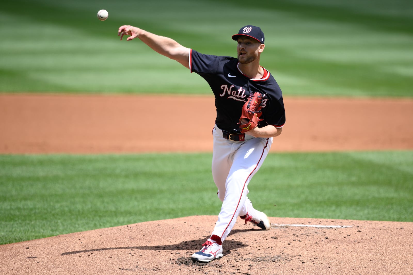 Washington Nationals starting pitcher Michael Soroka throws during the second inning of a baseball game against the Cleveland Guardians, Wednesday, May 7, 2025, in Washington. (AP Photo/Nick Wass)