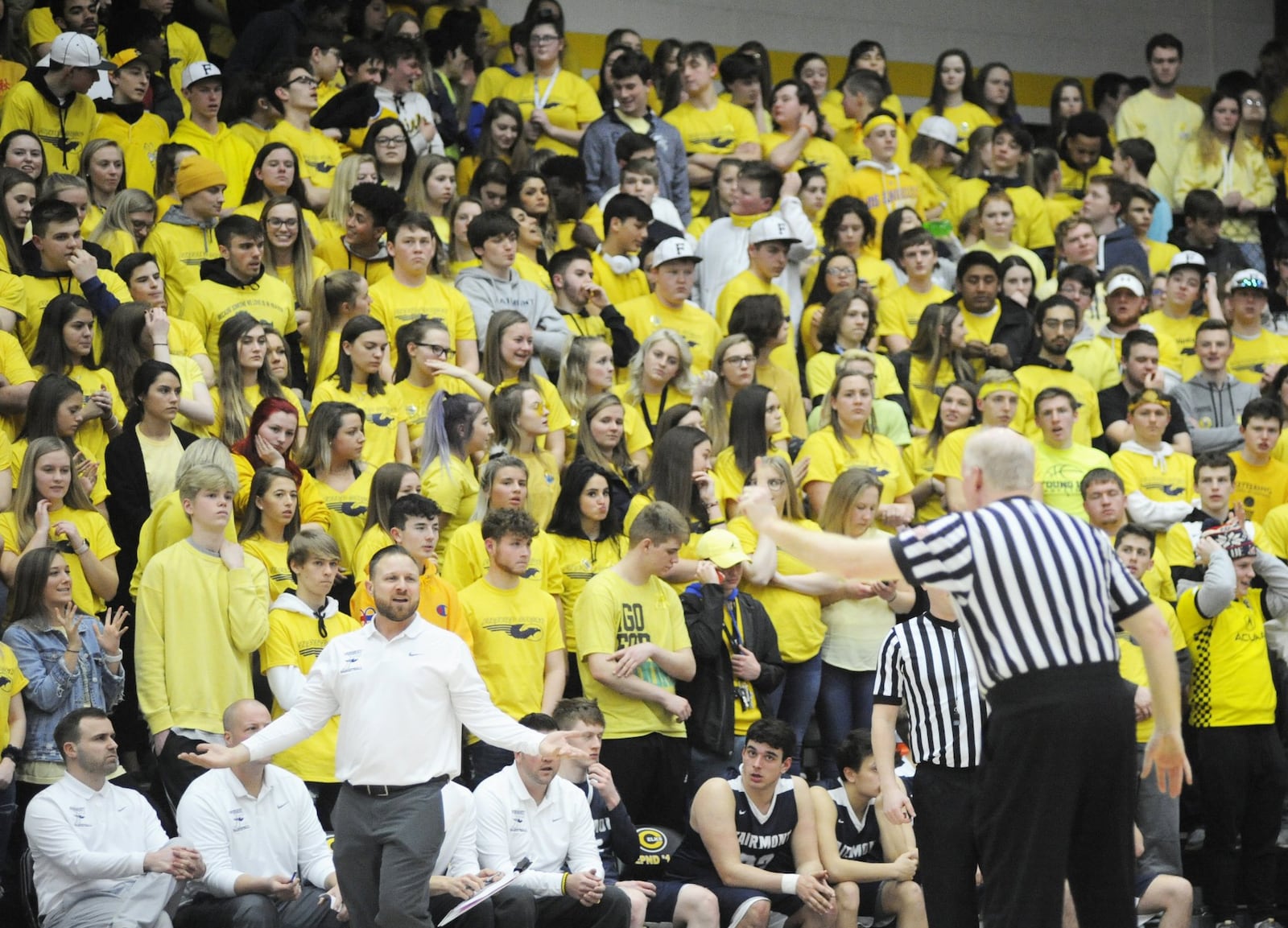 The Fairmont student section was adorned in yellow T-shirts that read FIREBIRD STRONG on the front. To contact a trained counselor at the National Suicide Prevention Lifeline, call its hotline number at 800-273-TALK (8255). Fairmont defeated Wayne 51-43 in a boys high school basketball D-I sectional final at Centerville on Monday, March 4, 2019. MARC PENDLETON / STAFF