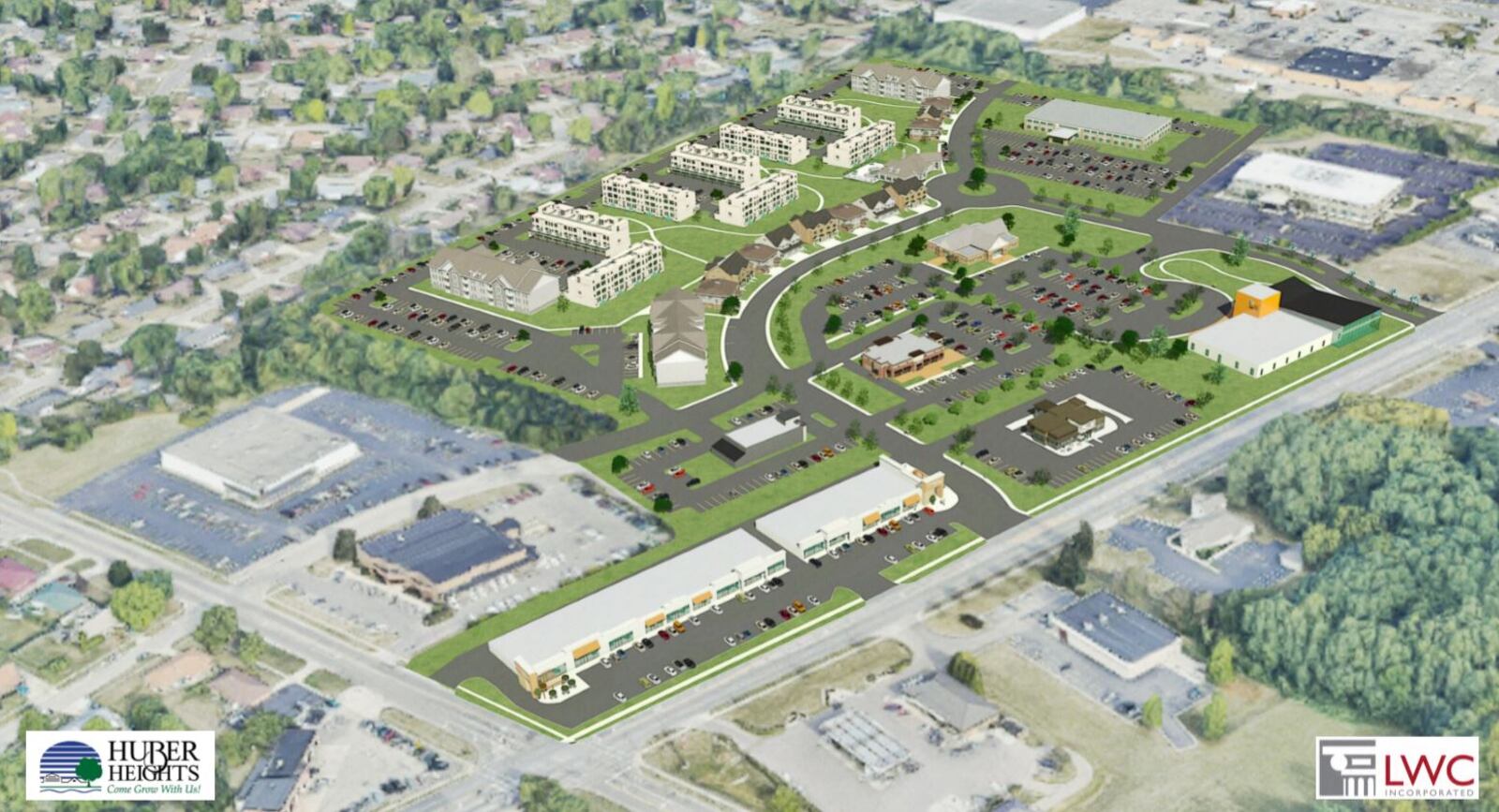 A rendering of what future development along Brandt Pike could look like. The Dayton Metro Library will buy land along Brandt, which Huber Heights city leaders hope will spur more development. CONTRIBUTED