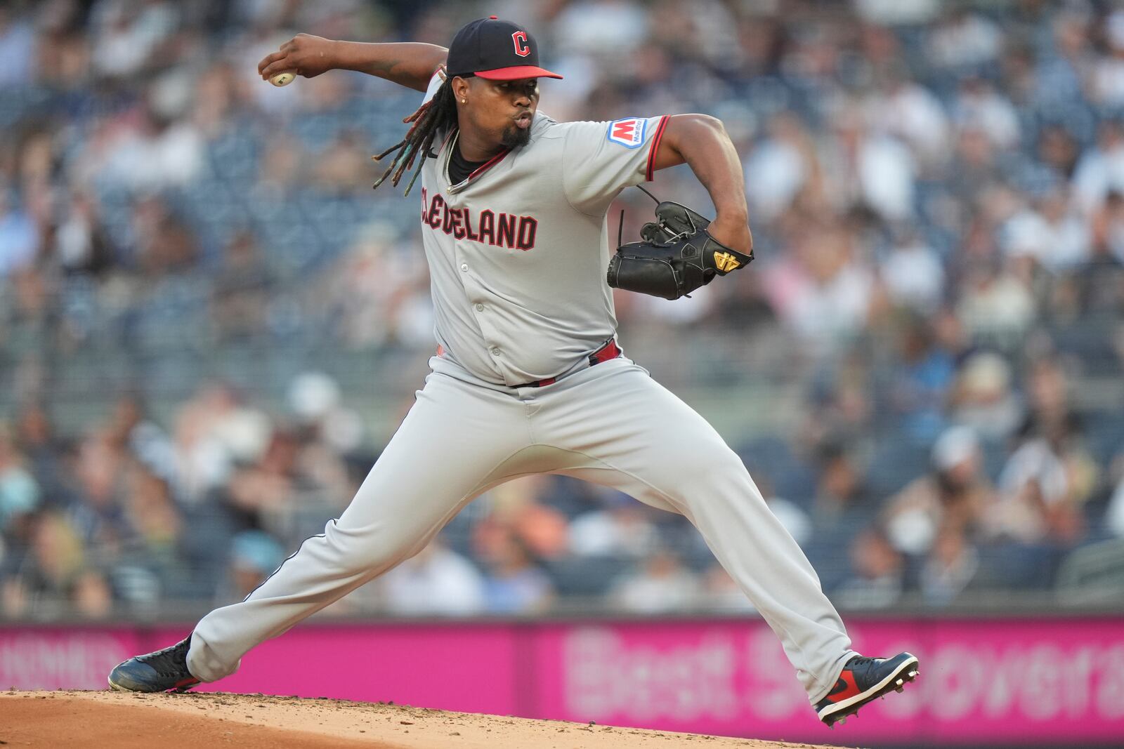 Cleveland Guardians' Luis L. Ortiz pitches during the first inning of a baseball game against the New York Yankees, Wednesday, June 4, 2025, in New York. (AP Photo/Frank Franklin II)