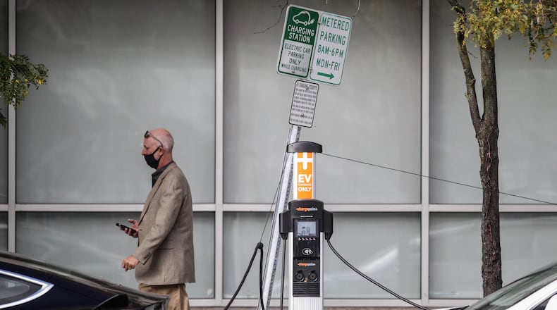 Many Dayton area cities are seeking funds for EV charging stations like this one in Dayton at the intersection of Patterson and Monument near the Day Air Ballpark.