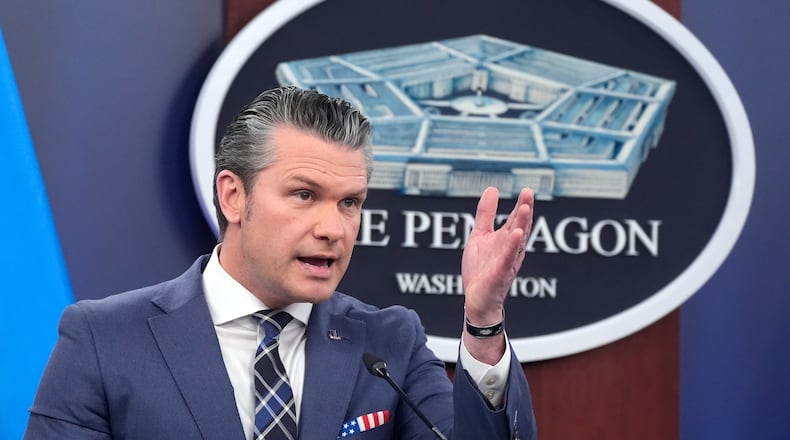 Defense Secretary Pete Hegseth speaks to members of the media during a press briefing at the Pentagon in Washington, Thursday, March 19, 2026. (AP Photo/Manuel Balce Ceneta)