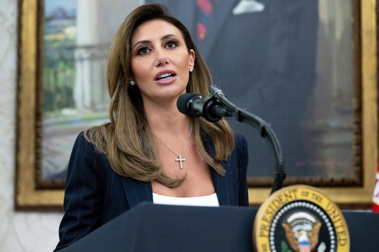 FILE - Alina Habba speaks after being sworn in as interim US Attorney General for New Jersey, in the Oval Office of the White House in Washington, on March 28, 2025. (Pool File via AP)