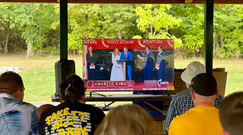 The funeral service for Charlie Kirk was live-streamed at Indian Riffle Park in Kettering on Sunday. AIMEE HANCOCK/STAFF