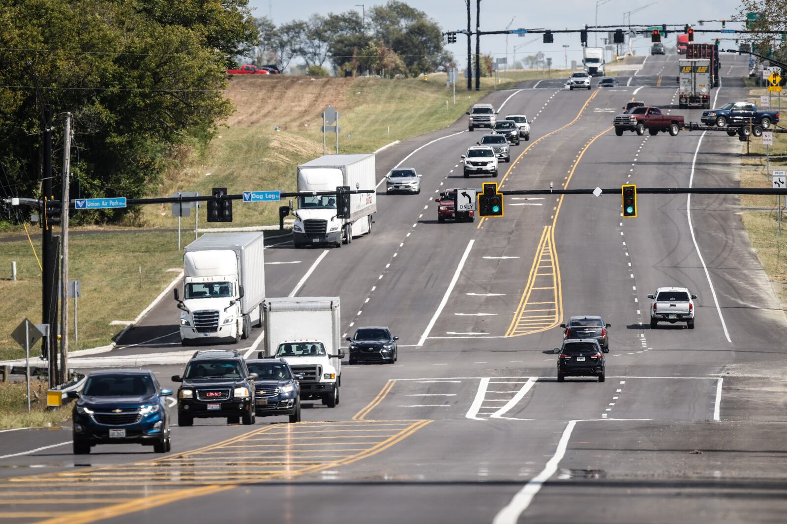 Vehicles driving on U.S. 40 just west of the Dayton International Airport and near the intersection of Union Park Blvd. may get some relief from roadway issues. A $12 million construction project will address roadway design and add capacity to reduce congestion on this stretch to support the growing logistics hub. JIM NOELKER/STAFF