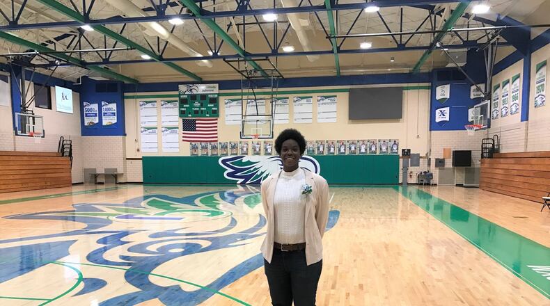 CJ1 – New CJ Hall of Fame member, Samarie Walker in the gym where she scored many of  1,720 prep points and pulled down 1,075 rebounds before embarking on a college career at UConn and Kentucky and then playing pro overseas. Tom Archdeacon/STAFF