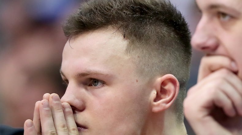 DALLAS, TX - MARCH 15: Grant Benzinger of the Wright State Raiders sits on the bench in the second half against the Tennessee Volunteers in the first round of the 2018 NCAA Men’s Basketball Tournament at American Airlines Center on March 15, 2018 in Dallas, Texas. (Photo by Tom Pennington/Getty Images)