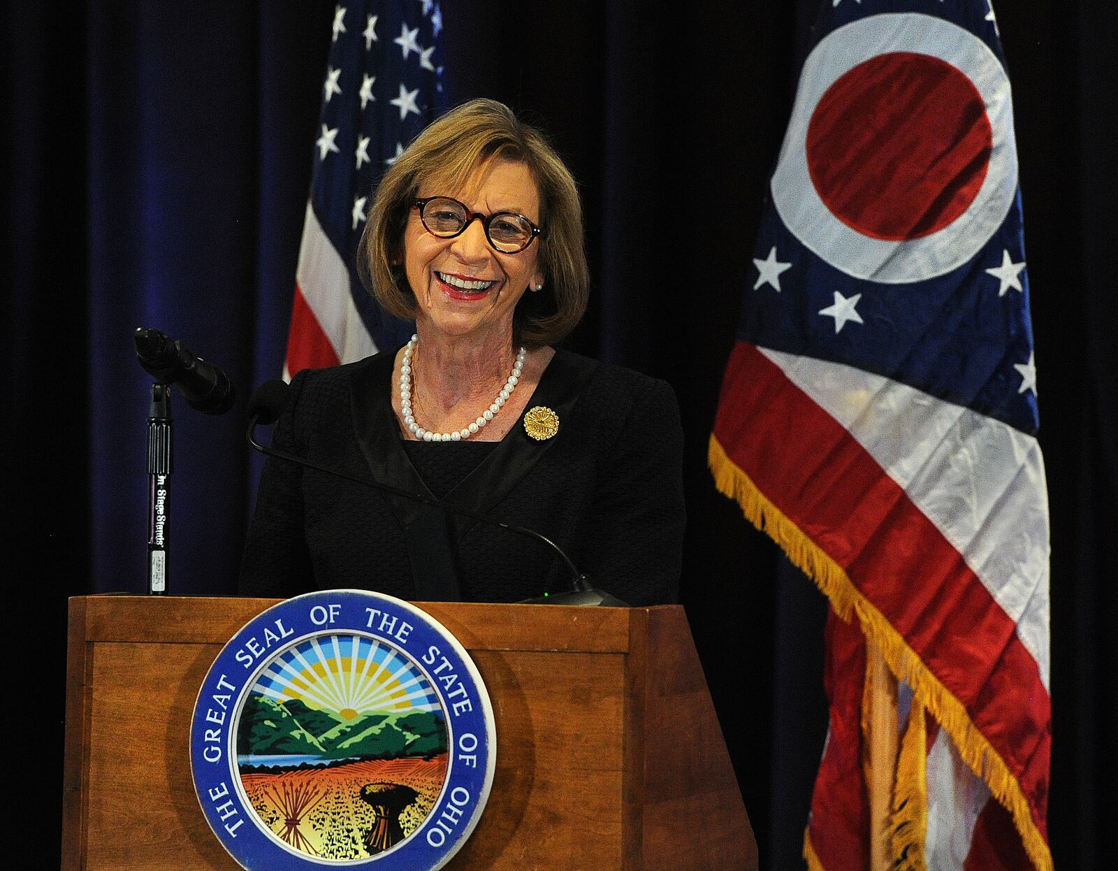 Ohio First Lady Fran DeWine talked about the distribution of free children’s books to Wright-Patterson Air Force Base Wednesday, Nov. 15, 2023 at a press conference announcing a partnership that will ensure children on the base can receive the books if families want them. MARSHALL GORBY\STAFF