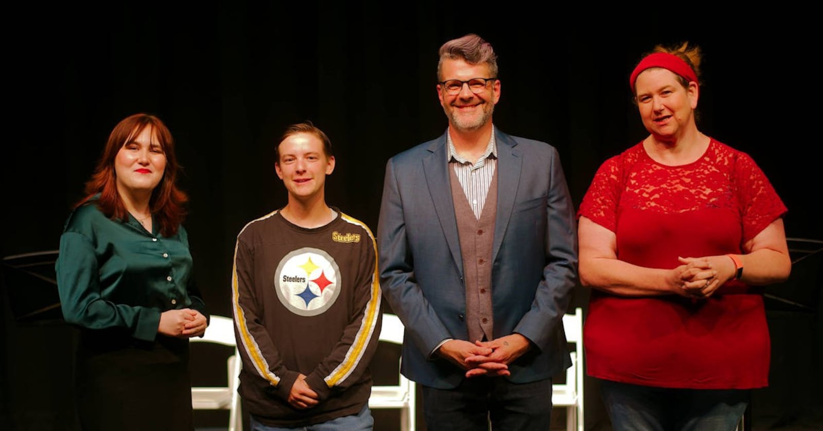 Left to right: Theo Hoskins (Counselor), Kai Kelly (Stephen), Mike Beerbower (Dad) and Sarah Caplan (Mom) comprise the cast of the Dayton Playhouse FutureFest production of "angel's share." Photo by Ray Geiger