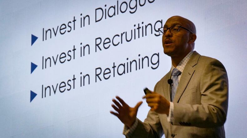 Dr. Hasan Kwame Jeffries, associate professor of History at The Ohio State University, spoke during an Air Force Research Laboratory Diversity and Inclusion speaker series event, themed “Making Sense of the Moment: Race and Racism in America Today,” Aug. 12 at the Air Force Institute of Technology. (U.S. Air Force photo/Keith Lewis)