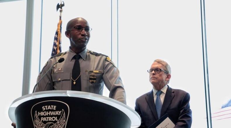 Ohio Highway Patrol Lt. Col. Richard Fambro addresses patrol officers after being announced as the new Ohio State Highway Patrol Superintendent during a presentation with Gov. Mike DeWine, right, on Thursday, February 7, 2019 at the Ohio State Highway Patrol Academy in Columbus. JOSHUA A. BICKEL / THE COLUMBUS DISPATCH