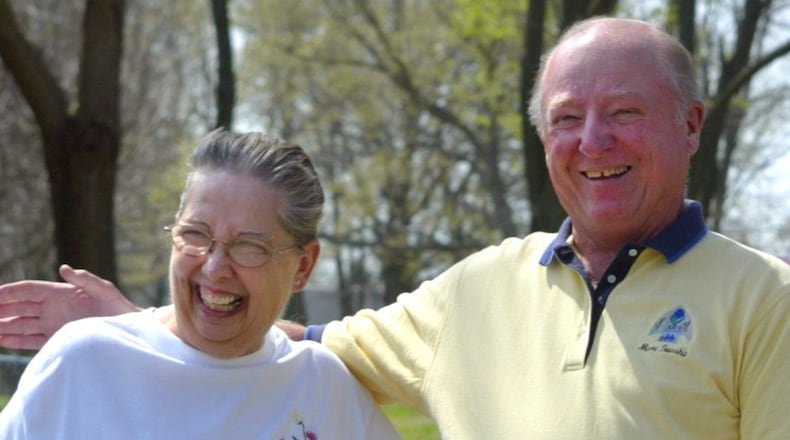 Former Miami Twp. Trustee Doug Zink, at right, with former trustee Shirley Omietanski. Next year for the first time in more than half a century, there will be no Zink in elected office in Miami Twp. government.041105—-Shirley Omietanski, former trustee of Miami Township is all smiles at the dedication of a park named after her. She was a trustee for 28 years, from 1976-2003. Trustee Doug Zink is on the right. STAFF PHOTO BY BILL REINKE.