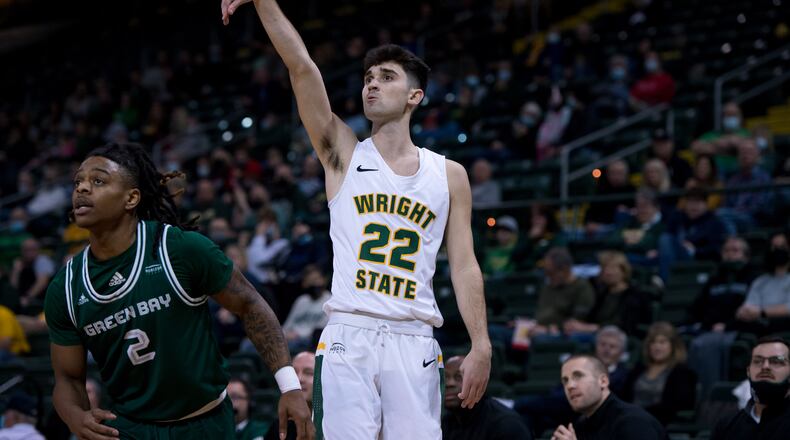 Wright State's Andrew Welage follows through on a shot vs. Green Bay at the Nutter Center on Jan. 1, 2022. Joe Craven/Wright State Athletics
