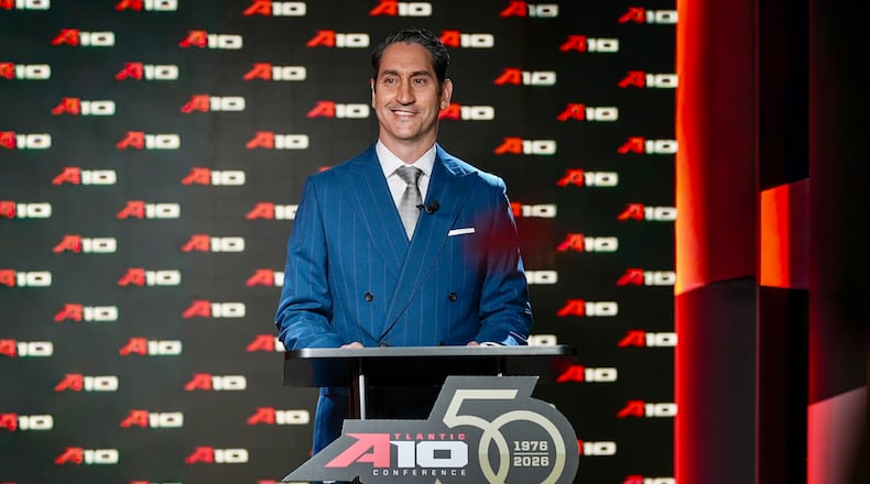 Dan Leibovitz speaks at a press conference where he was introduced as the next commissioner of the Atlantic 10 Conference on Tuesday, March 24, 2026. Photo courtesy of the A-10