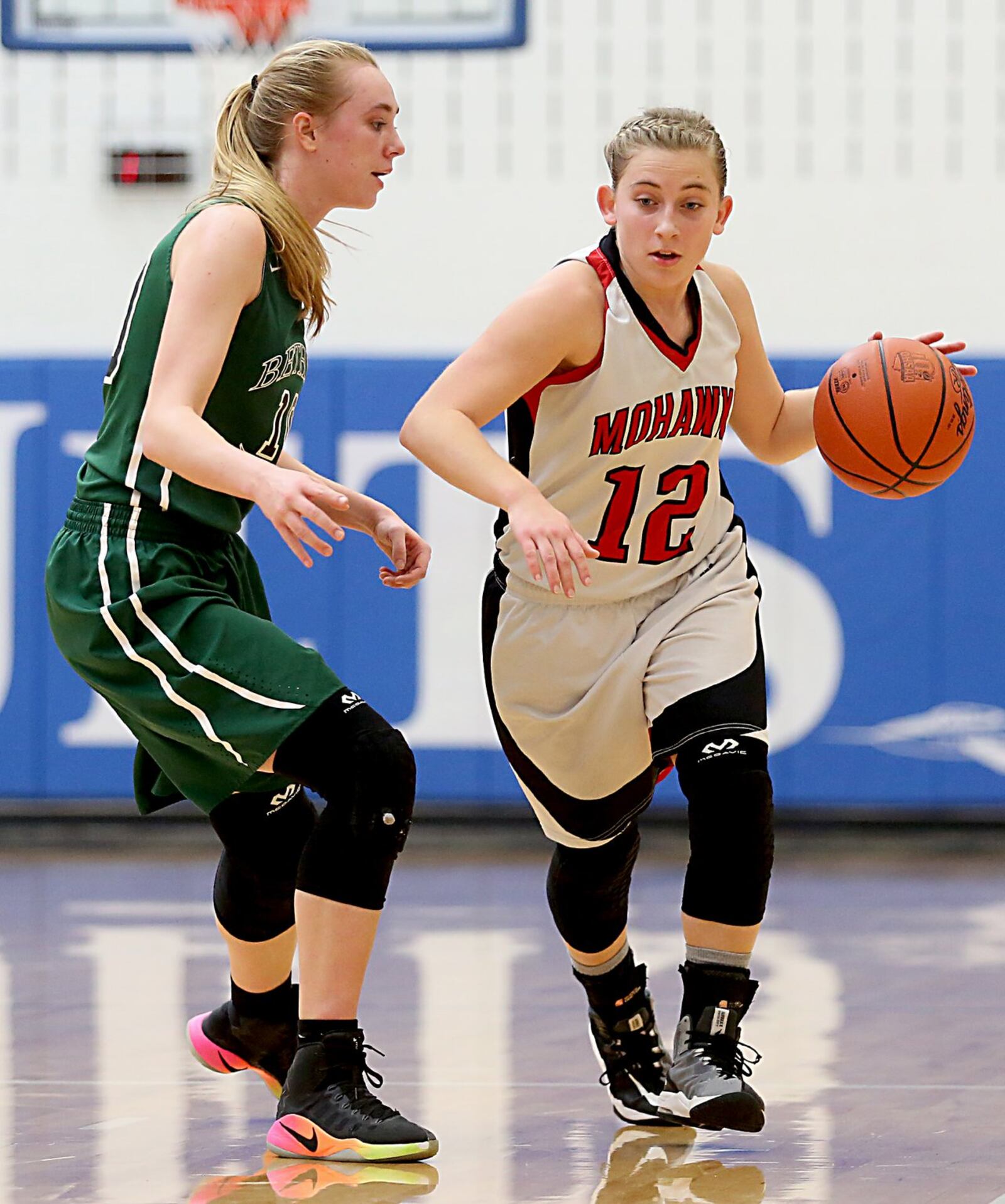 Madison guard Jackie Kovscek is covered by Bethel center Alaina Hawthorne on Saturday during a Division III sectional game at Franklin Monroe. CONTRIBUTED PHOTO BY E.L. HUBBARD
