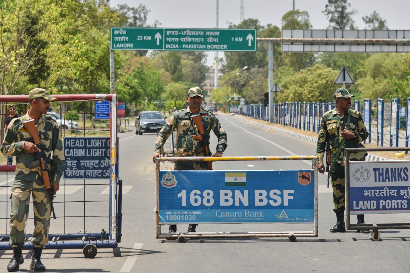 Indian Border Security Force soldiers stand guard at the barricade on the road leading to the Attari-Wagah border on India's side, near Amritsar, Thursday, April 24, 2025. (AP Photo/Prabhjot Gill)