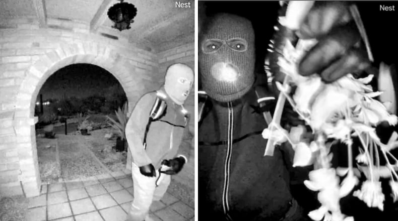 This combo from images provided by the FBI shows surveillance footage at the home of Nancy Guthrie the night she went missing in Tucson, Ariz. (FBI via AP)