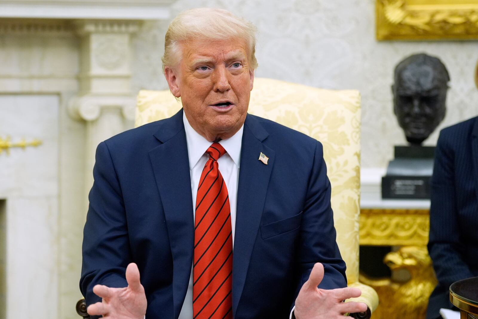 President Donald Trump speaks as he meets with Italy's Prime Minister Giorgia Meloni in the Oval Office of the White House, Thursday, April 17, 2025, in Washington. (AP Photo/Alex Brandon)