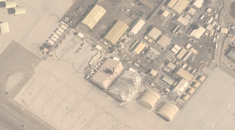 This image from an Airbus Defence and Space's Pléiades Neo satellite shows damage after Iranian attacks targeting Al Dhafra Air Base in Abu Dhabi, United Arab Emirates, March 15, 2026. (Airbus Defence and Space© via AP)