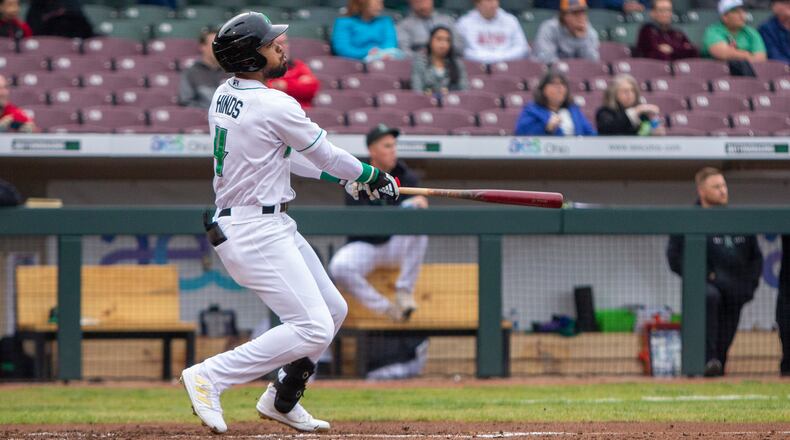 Dragons right fielder Rece Hinds watches a home clear the wall in right-center field during a game earlier this season at Day Air Ballpark. Jeff Gilbert/CONTRIBUTED