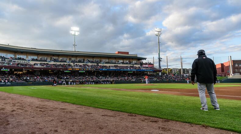The Dayton Dragons and Lansing Lugnuts both played their opening games of the 2024 season on Friday, Apr. 5 at Day Air Ballpark in downtown Dayton. TOM GILLIAM/CONTRIBUTING PHOTOGRAPHER