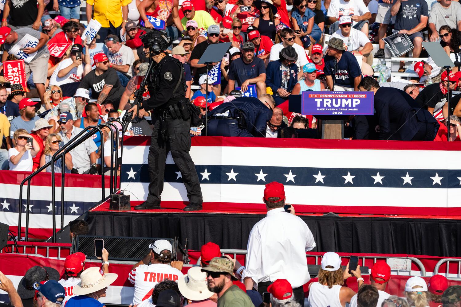 Officer responds during a campaign event for Former President Donald Trump in Butler, Pa., on Saturday, July 13, 2024. (Eric Lee/The New York Times)