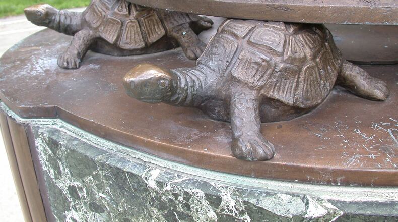 These turtles are possibly the most popular wildlife on the Miami University’s campus. Although they are not real, legend has it that rubbing their heads will bring good luck and they get a good workout at mid-term and final exam time. They are part of the base of Tri-Delt Sundial located in Central Quad. STAFF FILE PHOTO/2006