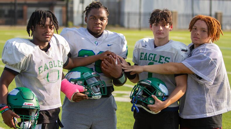 Chaminade Julienne's Four Wingmen form a backfield that has helped lead the Eagles to a 4-1 start. Left to right, Aiden Lowery, Nydrell Wright, Ethan Stacey and Malachi Ringer. Jeff Gilbert/CONTRIBUTED