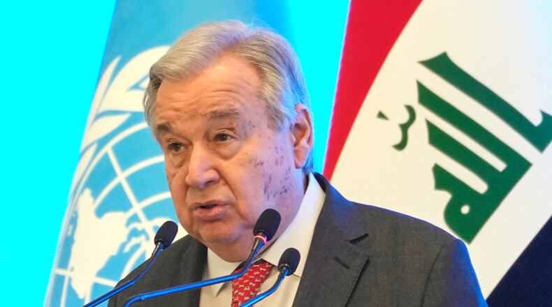 United National Secretary-General Antonio Guterres speaks during an event to mark the end of the U.N. political mission, in Baghdad, Iraq, Saturday, Dec. 13, 2025. (AP Photo/Hadi Mizban)