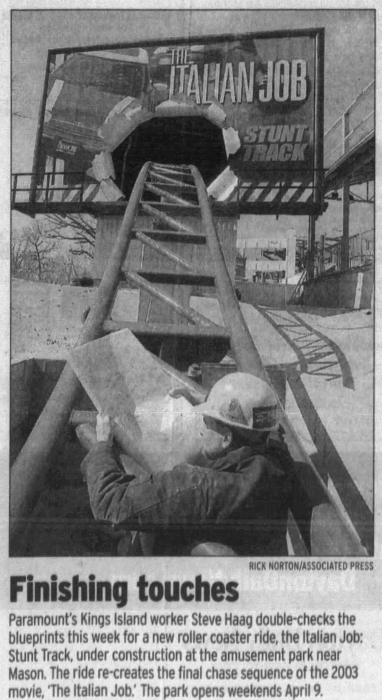 A Dayton Daily News article from March 2007 detailing the construction of Queen City Stunt Coaster, then know as Italian Job: Stunt Track