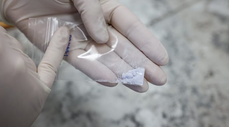 File - Possible fentanyl extracted from substances brought to the Montgomery County Coroner office in April 2022. On June 4, 2024, Ohio Gov. Mike DeWine issued an executive order banning the use and sale of nine additional synthetic drugs. The synthetic drugs are called nitazenes and can be stronger than fentanyl, the state says. JIM NOELKER/STAFF